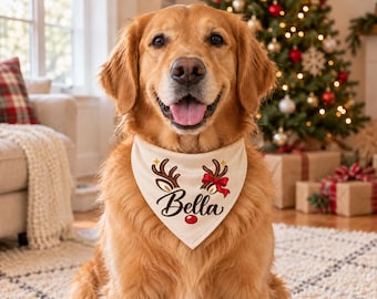 May include: A golden retriever wearing a cream-colored triangular pet bandana. The fabric features a graphic of brown reindeer antlers, a red bow, a small red nose, and the name Bella written in black cursive script lettering.