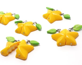 Handmade Kawaii Carambola Yellow Star Fruit -Glow in the Dark center- significant other/couple keychain, necklace or cell phone strap SET