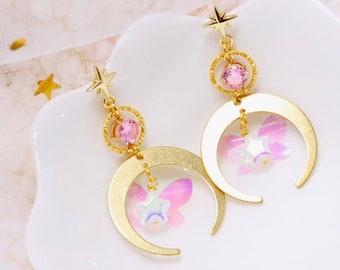 Kawaii/Cuento de hadas/Lolita/Cottagecore/Fairycore/Celestial ~Hada de la luz de la luna de fresa~ {Aretes con forma de gota de cristal}