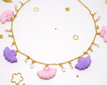 Magical Girl/Pastel Halloween/Pastel Goth/Creepy Cute: Pastel - Marshmallow Bats - Pink & Lavender   { 16.5" Dainty Gold Necklace }