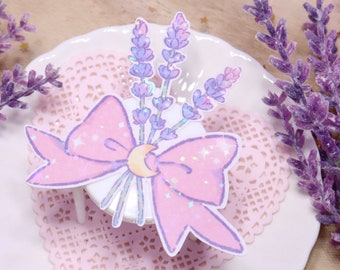 Pegatinas con brillos, lazo de media luna, ramo de lavanda, bruja pastel, kawaii, cuento de hadas, cottagecore, chica mágica