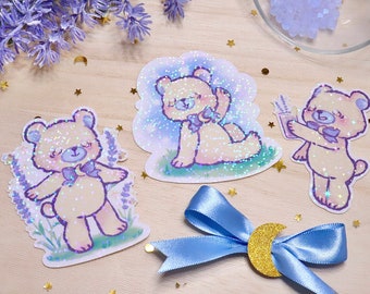 Pegatinas holográficas kawaii, pastel, cottagecore, florales, lavanda y miel, con forma de oso, color bígaro