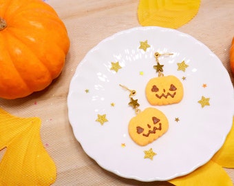 Magical Girl/Pastel Halloween/Pastel Goth/Creepy Cute: Kawaii Pumpkin, -Sugar Coated Marshmallow- { Gold 4mm Ballpost Dangle Earrings }