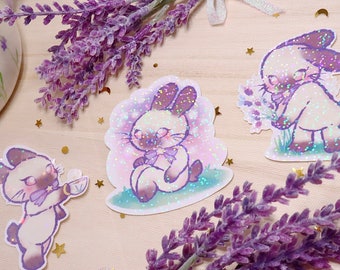 Pegatinas holográficas kawaii, pastel, cottagecore, florales, lavanda y conejito siamés: glicina