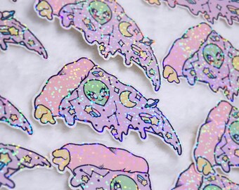 Space Kei: Rainbow/Holographic/ -Pastel Pizza Planet- Kawaii Celestial Alien Sticker [ SPARKLE FINISH ]