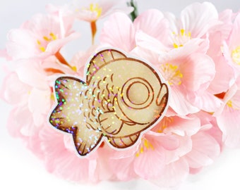 Diseño original: Kawaii / Holográfico / Japón / Dulces japoneses/ -Pegatina de comida- Pegatina de pez dorado Taiyaki elegante [ ACABADO BRILLANTE ]