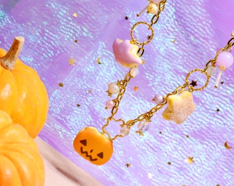 Kawaii/Pastel Kei/Lolita/Fairycore/Pastel Goth/Pastel Halloween/ ~ Spooky Treats ~ Donut & Candy Charm Necklace { Adjustable 16" — 20" }