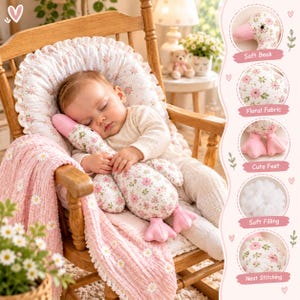 May include: A plush goose toy featuring a pink and green floral pattern on white fabric, with a soft pink beak and feet. The toy is shown with detailed callouts highlighting its soft beak, floral fabric, feet, soft filling, and neat stitching.