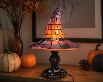 Halloween Witch Hat Lamp, Stained Glass Style Night Light, Gothic Fall Decor