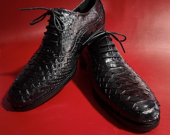 Handmade Python Wingtip Oxford: Black Snakeskin  with Red Accent