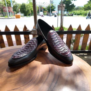 Handmade Burgundy Python Casual Loafers: Genuine snake leather shoes