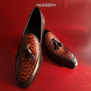 Mocassini casual in pitone marrone fatti a mano: scarpe in vera pelle di serpente