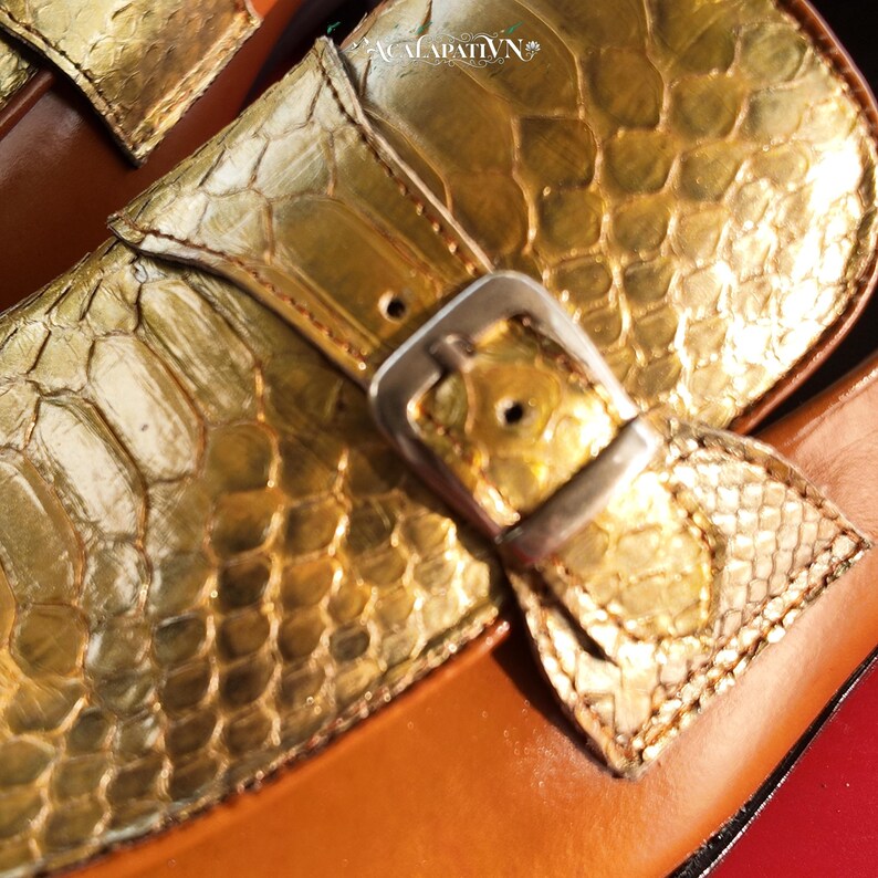 Pu&ograve; includere: Un paio di mocassini con tomaia in pelle di serpente dorata metallizzata su base in pelle marrone. Un cinturino in pelle di serpente dorata attraversa la parte superiore, fissato da una fibbia in metallo color argento. Testo ACALAPATI VN visibile.