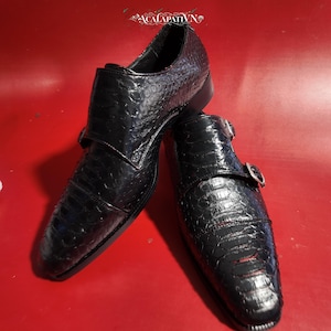 Handmade Python Double Monk-Strap Loafers: Black with Red Accent Shoes
