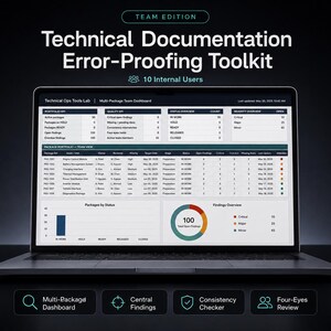 May include: A laptop displaying a Technical Documentation Error-Proofing Toolkit dashboard. The screen shows a Multi-Package Team Dashboard with tables for portfolio KPIs, quality KPIs, and status overviews, plus a findings chart and status ring.