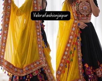 Georgette Lehenga Choli voor dames | Originele bruidslehenga met spiegelwerk en kettingsteek | Kleding voor Navratri-bruiloften en -feesten