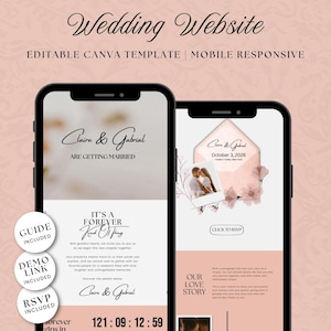 Puede incluir: Dos teléfonos inteligentes que muestran una plantilla de sitio web de bodas de Canva con un esquema de color rosa rubor y blanco. Las pantallas presentan el texto Claire & Gabrial, detalles de la boda, un temporizador y botones de RSVP.