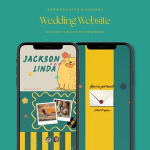 Puede incluir: Dos teléfonos inteligentes que muestran una plantilla de sitio web de bodas. La pantalla izquierda muestra el texto Jackson and Linda, una ilustración de un gato amarillo y dos fotos polaroid. La pantalla derecha presenta un sobre blanco con un sello de cera rojo y el texto You've got mail! Click to open.