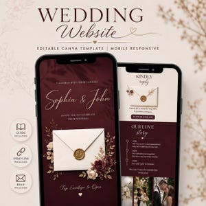 May include: A digital wedding website template displayed on two smartphones. The design features a deep burgundy background with cream-colored envelopes, gold wax seals, and floral accents. Text includes "WEDDING Website," "Sophia & John," and "OUR LOVE STORY," along with icons for a guide, demo link, and RSVP.