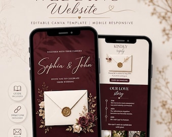 Burgundy Wedding Website Template Canva, Editable RSVP Wedding Site, Digital Wedding Invitation, Save the Date Website, Maroon Wedding Site