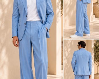 Abito da uomo azzurro a gamba larga – Abito da sposo a due pezzi dalla vestibilità comoda (su misura)