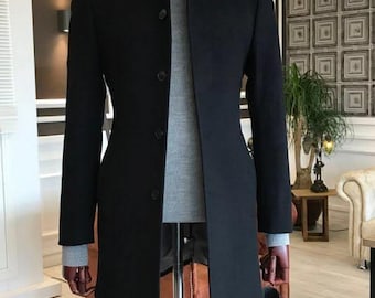 Cappotto da uomo nero in misto lana / Trench slim fit con collo alto
