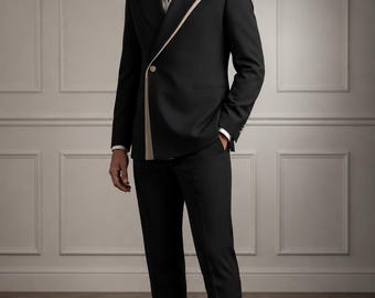 Abito da sposo nero asimmetrico firmato, completo moderno e sartoriale per lo sposo.