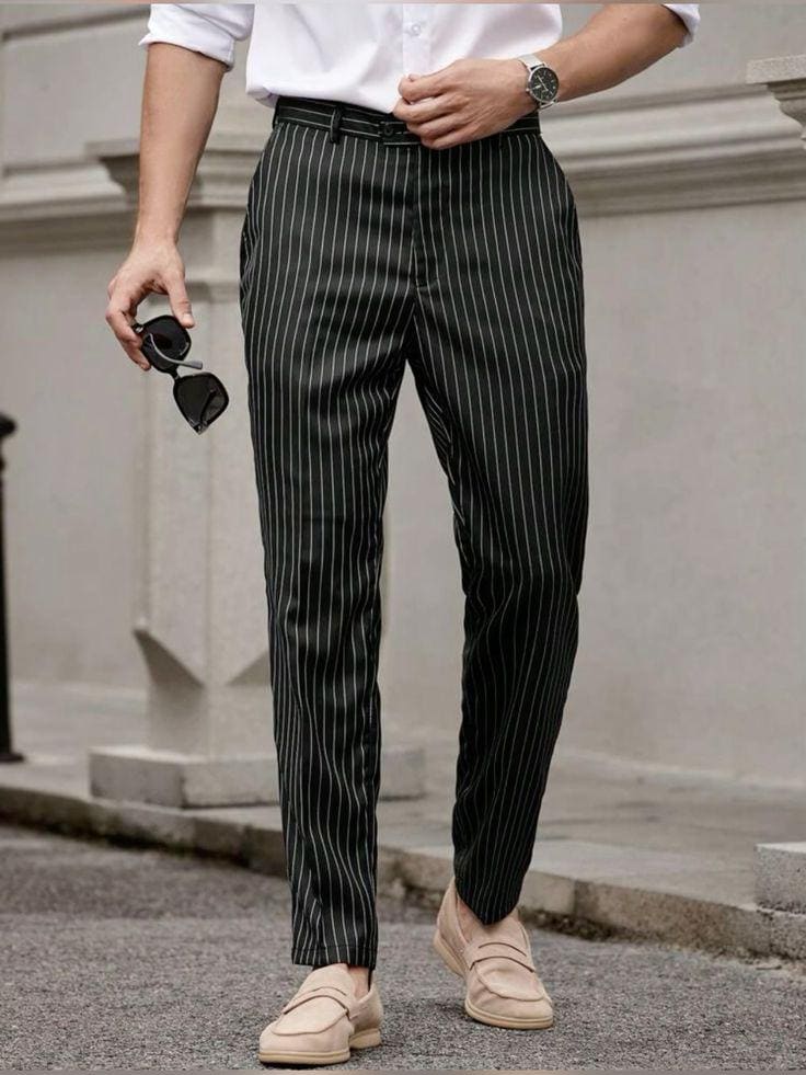 black pinstripe dress pants mens Classic Trousers, Men's Tailored Pants, Office Wear Slacks, Sophisticated Formal Fashion Men's Slim Fit Pinstripe Pant Color:Autumn Leaves the stripe reads formal vday-gift-guide Katie Holmes Makes a