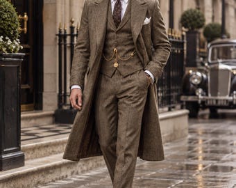 Abito da gentiluomo vintage, classico stile britannico, completo a tre pezzi in tweed marrone.