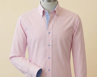 Camicia Oxford a righe rosa, da uomo, a maniche lunghe, in cotone, elegante casual.