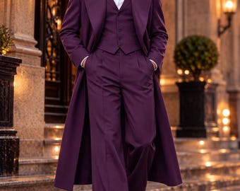 Abito viola di Halloween a 4 pezzi da uomo, frac lungo gotico vittoriano, abito da sposo color prugna con gilet, pantaloni a gamba larga, abito di Halloween su misura
