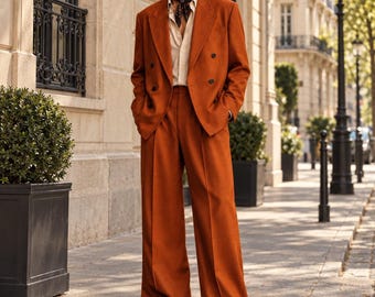 Abito da uomo doppiopetto color arancio ruggine, pantaloni a gamba larga, su misura (2 pezzi)