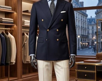 Completo elegante di lusso composto da blazer doppiopetto blu navy e pantaloni avorio.