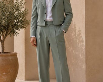 Abito da uomo verde salvia, completo moderno a tre pezzi, pantaloni a gamba larga, abito formale da matrimonio