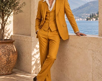 Abito da uomo a tre pezzi color oro senape, abito da sposo di lusso, completo da smoking formale