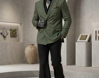 Completo composto da blazer verde oliva e pantaloni neri, abbigliamento maschile sartoriale, abbigliamento formale moderno.