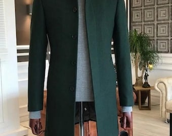 Cappotto lungo da uomo in lana verde scuro / Giacca slim fit con collo alto
