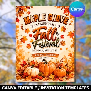 Puede incluir: Un folleto rectangular para el Maple Grove Elementary Fall Festival el lunes 12 de agosto, de 17:00 a 22:00 horas. El diseño presenta hojas de otoño naranjas y amarillas, tres calabazas y el texto "Maple Grove Elementary Fall Festival".