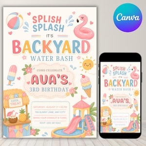 Splish Splash födelsedagsinbjudan poolparty, sommarvattenrutschkana för tjejer, rosa vattenparty för nedladdning, utskrivbar inbjudningsmall, redigerbar i Canva