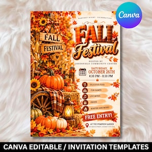 May include: A Fall Festival invitation flyer featuring orange pumpkins, a wooden wagon wheel, a lit lantern, and autumn leaves. Text includes Harvest Night Celebration, Fall Festival, Greenfield Community Center, Saturday October 26th, 4:30 PM-8:30 PM, and Free Entry.