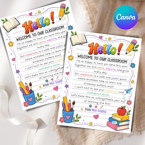 May include: A classroom welcome letter featuring the text Hello! Welcome to our classroom, with colorful illustrations of an open book, a pencil, a ruler, a paintbrush in a cup, and a stack of books with an apple on top, all on a white background.