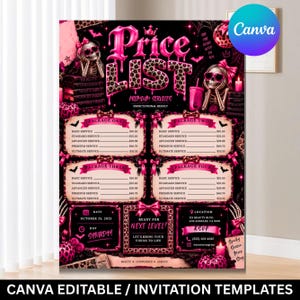 Puede incluir: Un folleto de lista de precios en negro y rosa con ilustraciones de calaveras con lazos rosas y texto con estampado de leopardo. El diseño incluye cuatro paquetes de servicios, una fecha del 25 de octubre de 2025 y una ubicación en 123 Beauty Blvd.