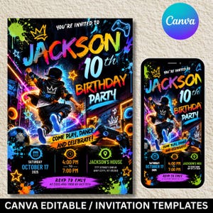 May include: A digital birthday party invitation template featuring a neon-coloured graphic of a person jumping, with text reading Jackson 10th Birthday Party, Saturday October 17 2025, 4:00 PM to 7:00 PM, Jackson's House, and RSVP to Emly at 123-456-7890.