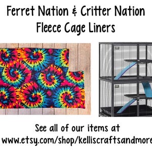 May include: Fleece cage liners for Ferret Nation and Critter Nation cages featuring a vibrant multi-colored tie-dye spiral pattern. The image includes text reading Ferret Nation & Critter Nation Fleece Cage Liners and See all of our items at www.etsy.com/shop/kelliscraftsandmore.