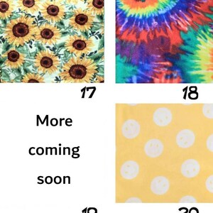 May include: Four fabric swatches with different patterns. One features sunflowers, another a tie-dye swirl of colors, a third with the text "More coming soon", and the last with yellow background and white smiley faces.