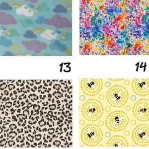 May include: Four fabric swatches with different patterns. Top left: blue background with clouds, rainbows, and hearts. Top right: colorful paint splatter design. Bottom left: leopard print. Bottom right: yellow background with bees.