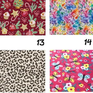 May include: Four fabric swatches labeled 13 through 16. Swatch 13 features a red background with Christmas trees, ornaments, and cupcakes. Swatch 14 has a multicolored tie-dye pattern. Swatch 15 shows a black and tan leopard print. Swatch 16 displays butterflies and flowers on a pink background.