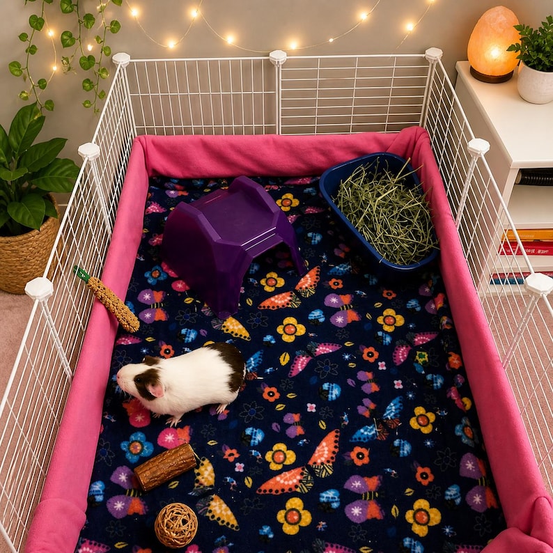 May include: A white wire pet enclosure with pink fabric liners containing a guinea pig on a dark blue fleece blanket with a colorful butterfly and flower pattern. The enclosure includes a purple plastic hide, a blue hay feeder, and toys.