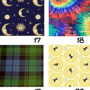 May include: A four-panel grid of fabric swatches. Panel 17 features gold suns and crescent moons on a dark blue background. Panel 18 shows a multi-colored tie-dye pattern. Panel 19 displays a green, blue, and black plaid. Panel 20 has bees on yellow.