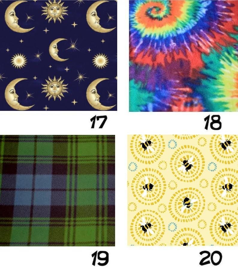 May include: A four-panel grid of fabric swatches. Panel 17 features gold suns and crescent moons on a dark blue background. Panel 18 shows a multi-colored tie-dye pattern. Panel 19 displays a green, blue, and black plaid. Panel 20 has bees on yellow.